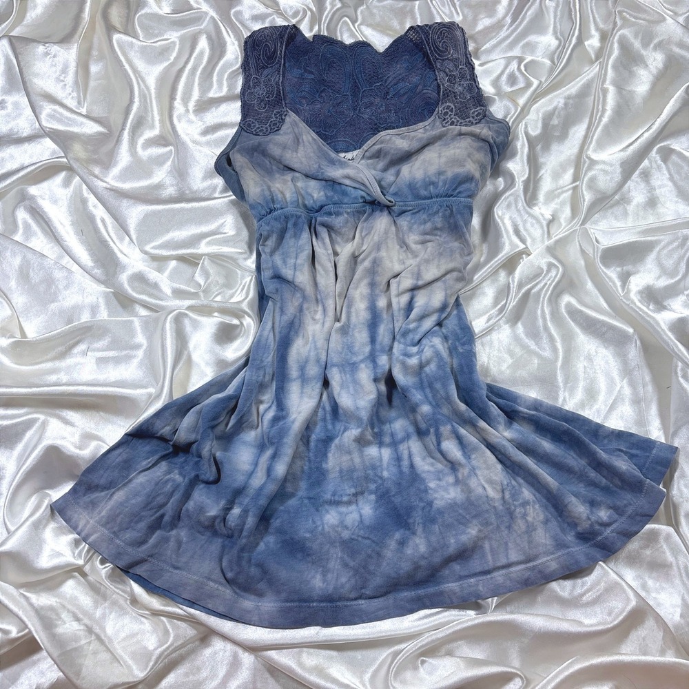y2k Babydoll Tank Top Blue Excellent Tie Dye Lace Trim Empire Waist Aloke Star L